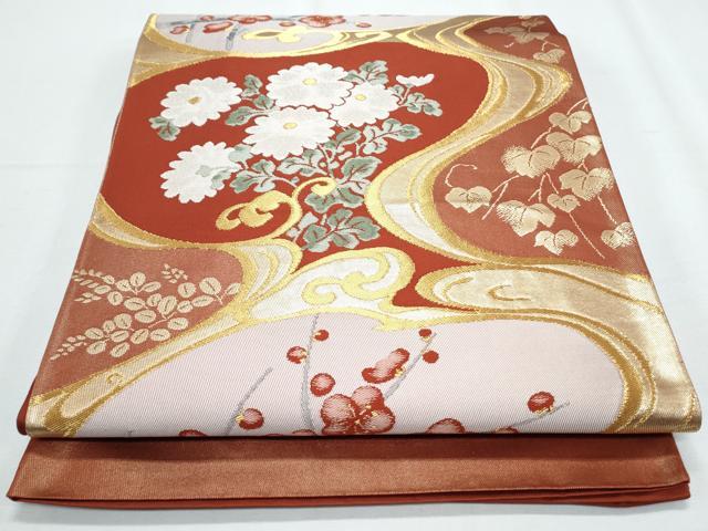 平和屋着物◎西陣 六通柄袋帯 流水花文 金糸 正絹 逸品 CABF7995th