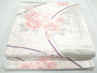 平和屋着物◎六通柄袋帯 草花文 銀糸 正絹 逸品 CABF7997th