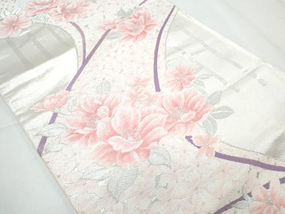 平和屋着物◎六通柄袋帯 草花文 銀糸 正絹 逸品 CABF7997th