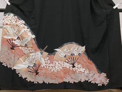 平和屋着物■豪華黒留袖　駒刺繍　扇鶴花文　暈し染め　金彩　正絹　逸品　CABF8062xi