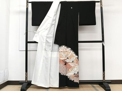 平和屋着物■豪華黒留袖　駒刺繍　扇鶴花文　暈し染め　金彩　正絹　逸品　CABF8062xi