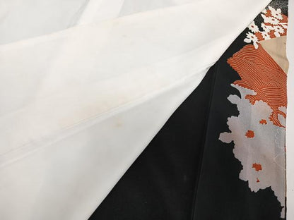 平和屋着物■豪華黒留袖　駒刺繍　扇鶴花文　暈し染め　金彩　正絹　逸品　CABF8062xi