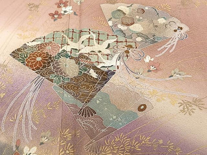 平和屋着物■訪問着　檜扇飛鳥花文　暈し染め　金彩　正絹　逸品　CABF8069xi