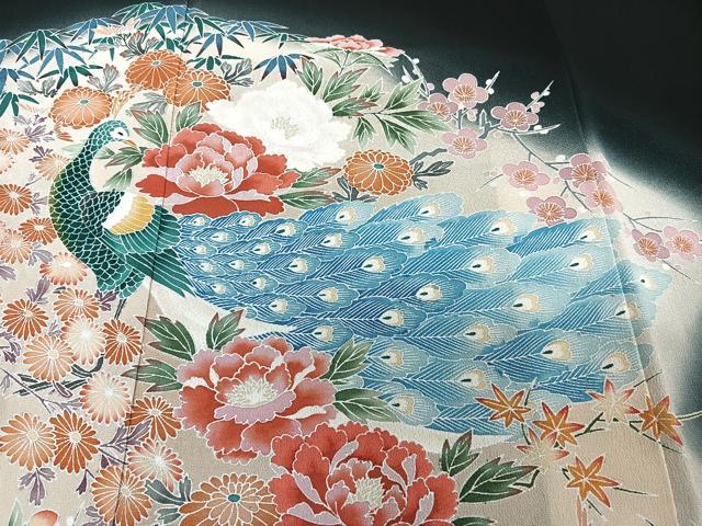 平和屋着物■豪華黒留袖　作家物　孔雀花文　暈し染め　正絹　逸品　CABF8074xi