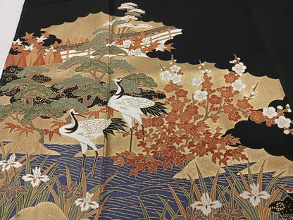 平和屋着物■豪華黒留袖　鶴風景松梅花文　金彩　正絹　逸品　CABF8077xi