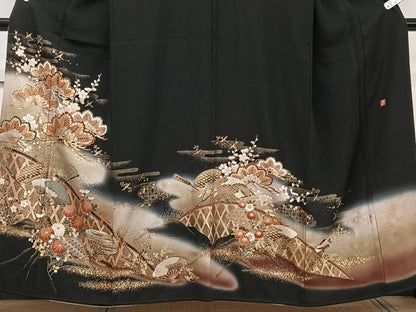 平和屋着物■豪華黒留袖 作家物 駒刺繍 籬扇子飛鳥松梅花文 暈し染め 金銀彩 正絹 逸品 CABF8080xi