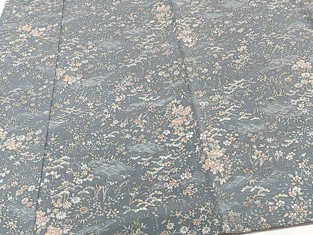 平和屋着物●上質な小紋　松竹梅草花文　鉄黒色　正絹　逸品　AABH3016ph 平和屋着物▽上質な小紋 単衣 型染め 風景花文 鬼しぼ縮緬 やまと誂製