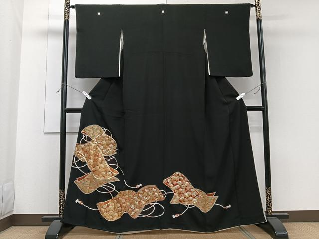 平和屋着物■豪華黒留袖 駒刺繍 誰が袖花文 金彩 正絹 逸品 CABF8085xi