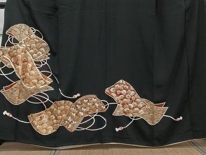 平和屋着物■豪華黒留袖 駒刺繍 誰が袖花文 金彩 正絹 逸品 CABF8085xi