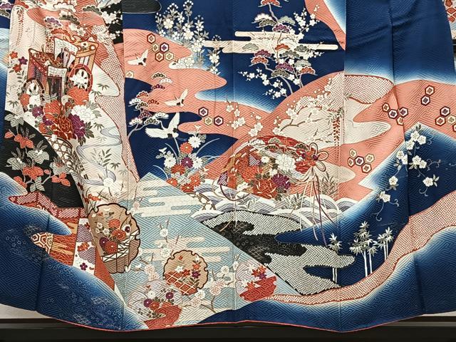 平和屋着物□豪華振袖 駒刺繍 御所車飛鳥花文 松竹梅 暈し染め