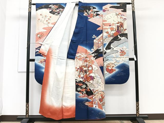 平和屋着物●豪華振袖　駒刺繍　花鳥文　暈し染め　金彩　正絹　逸品　AABG4671fy 平和屋着物○豪華振袖 駒刺繍 舞桜文 暈し染め 金通し地 正絹 逸品