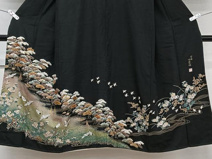 平和屋着物■豪華黒留袖 作家物 駒刺繍 飛鳥松花文 金彩 正絹 逸品 CABF8095xi