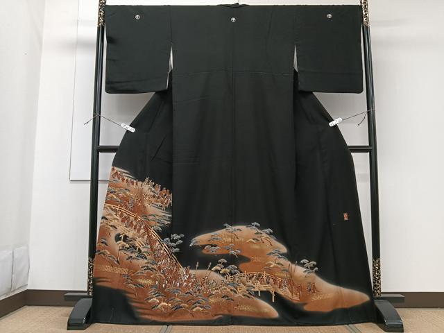 平和屋着物■豪華黒留袖　作家物　駒刺繍　渡橋人物松文　暈し染め　金彩　正絹　逸品　CABF8155xi