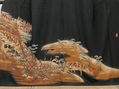 平和屋着物■豪華黒留袖　作家物　駒刺繍　渡橋人物松文　暈し染め　金彩　正絹　逸品　CABF8155xi