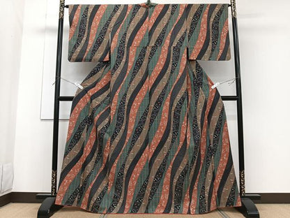平和屋着物■上質な小紋 よろけ縞花文 黒地 正絹 逸品 CABF8201xi