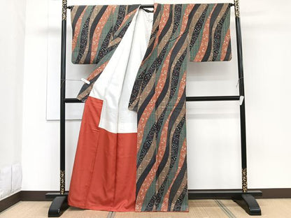 平和屋着物■上質な小紋 よろけ縞花文 黒地 正絹 逸品 CABF8201xi
