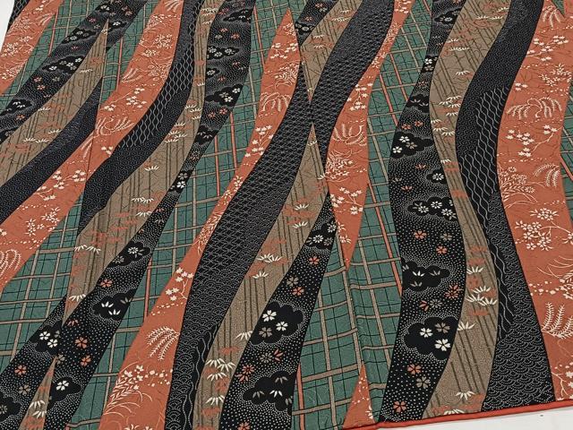 平和屋着物■上質な小紋 よろけ縞花文 黒地 正絹 逸品 CABF8201xi