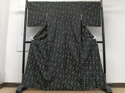 平和屋着物■上質な紬 幾何学文 黒地 正絹 逸品 CABF8206xi