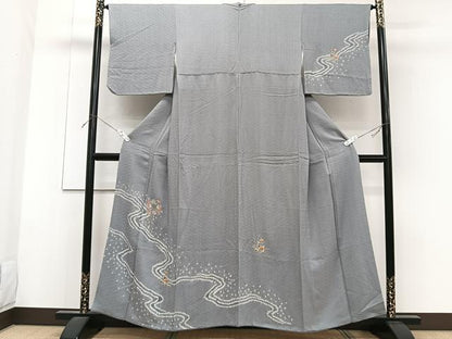 平和屋着物■訪問着 絞り スワトウ刺繍 流水草花文 正絹 逸品 CABF8215xi