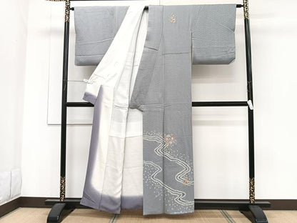 平和屋着物■訪問着 絞り スワトウ刺繍 流水草花文 正絹 逸品 CABF8215xi