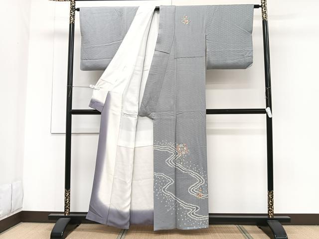 平和屋着物■訪問着 絞り スワトウ刺繍 流水草花文 正絹 逸品 CABF8215xi