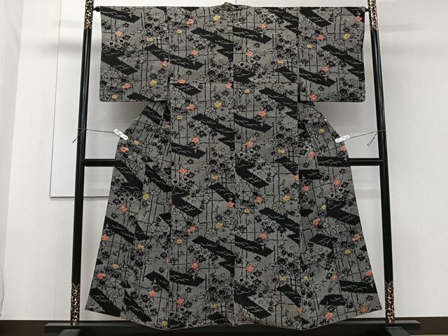 平和屋着物■上質な小紋 絞り 草花文 橘 黒地 正絹 逸品 CABF8218xi