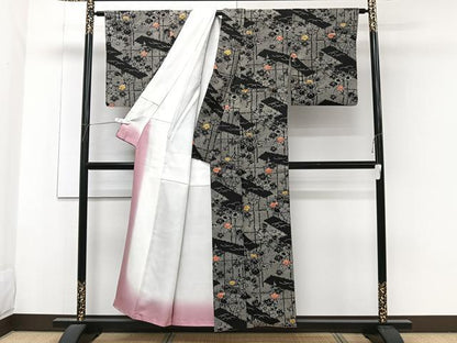 平和屋着物■上質な小紋 絞り 草花文 橘 黒地 正絹 逸品 CABF8218xi