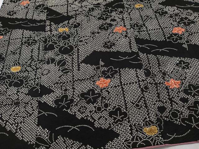 日本卸売り 専用 平和屋着物□上質な小紋 草花文 黒地 正絹 逸品