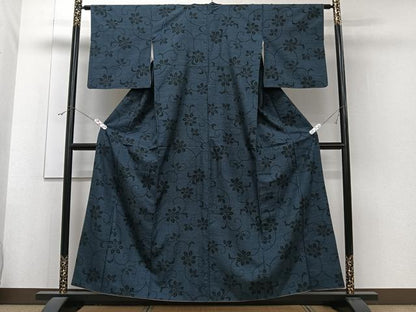 平和屋着物■上質な紬 花唐草文 黒地 正絹 逸品 CABF8239xi