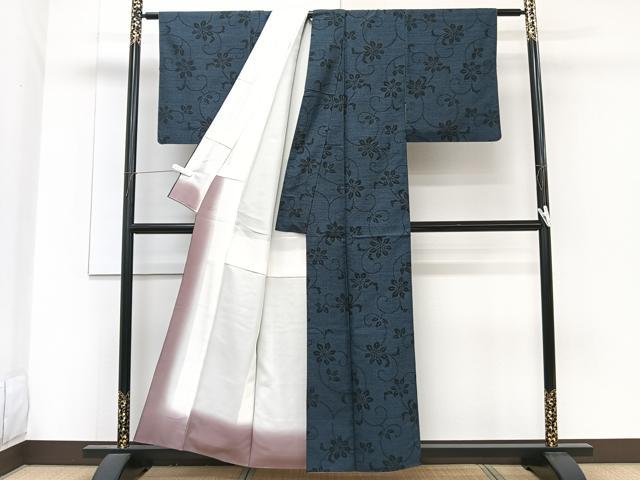 平和屋着物■上質な紬 花唐草文 黒地 正絹 逸品 CABF8239xi