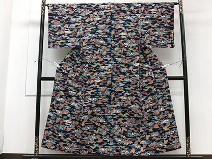 平和屋着物■上質な紬 型染め 花蝶文 正絹 逸品 CABF8247xi