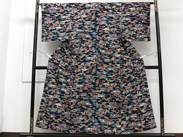 平和屋着物■上質な紬 型染め 花蝶文 正絹 逸品 CABF8247xi