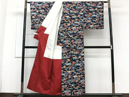 平和屋着物■上質な紬 型染め 花蝶文 正絹 逸品 CABF8247xi