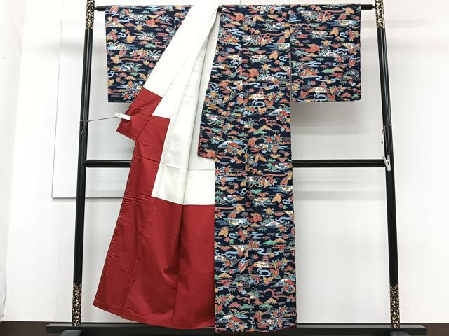 平和屋着物■上質な紬 型染め 花蝶文 正絹 逸品 CABF8247xi