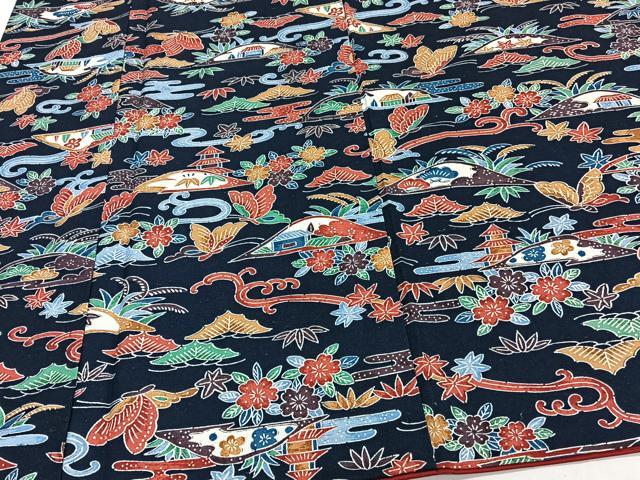 平和屋着物■上質な紬 型染め 花蝶文 正絹 逸品 CABF8247xi