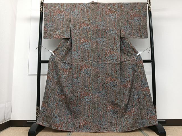 平和屋着物▽上質な小紋　単衣　紬地　型染　更紗花文　正絹　逸品　未使用　DAAV5814az 平和屋着物▽上質な小紋 単衣 紬地 型染 更紗花文 正絹 逸品 未使用
