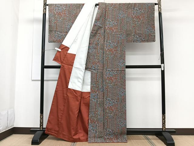 平和屋着物□上質な小紋 紬地 更紗花文 正絹 逸品 未使用