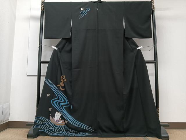 平和屋着物■訪問着 立波飛鳥船文 黒地 ロング丈 洗える着物 CABF8294xi