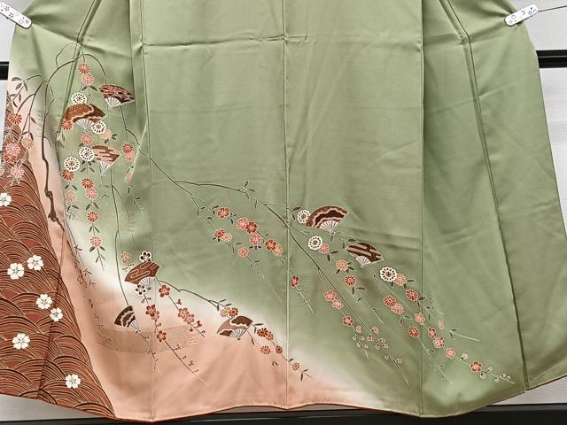 平和屋着物■訪問着 駒刺繍 枝垂れ扇花文 暈し染め 金彩 正絹 逸品 CABF8343xi