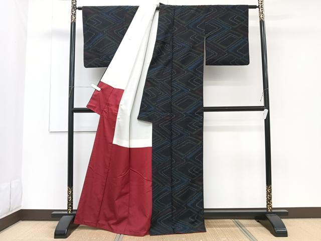 平和屋着物■上質な紬　幾何学文　黒地　正絹　逸品　CABF8379xi