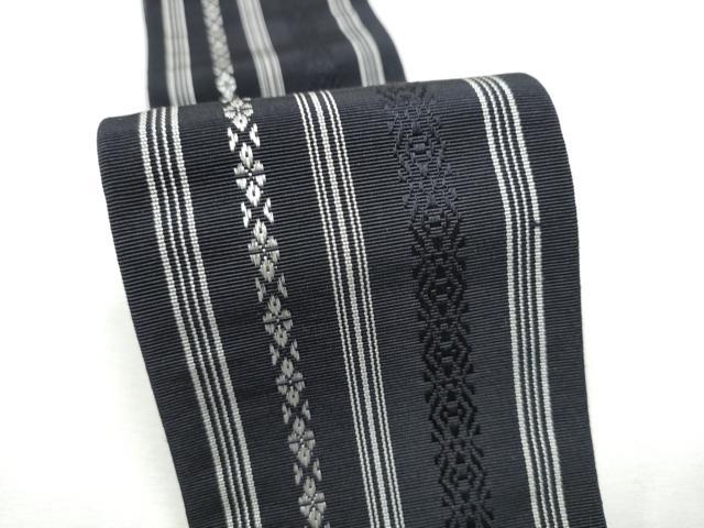 平和屋着物●男性　本場筑前博多織　両面　角帯　献上　黒地　正絹　逸品　CABF8419hy
