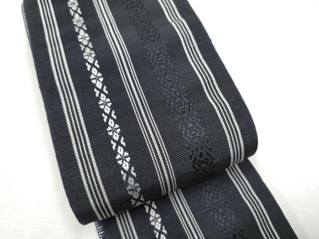 平和屋着物●男性　本場筑前博多織　両面　角帯　献上　黒地　正絹　逸品　CABF8419hy