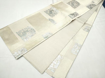 平和屋着物▽全通柄袋帯　スリーシーズン　春夏秋　花兎　銀彩　正絹　逸品　CABF8617hy