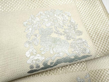 平和屋着物▽全通柄袋帯　スリーシーズン　春夏秋　花兎　銀彩　正絹　逸品　CABF8617hy