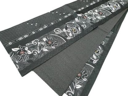 平和屋着物●両面　全通柄袋帯　花唐草文　黒地　銀通し地　正絹　逸品　CABF8618hy