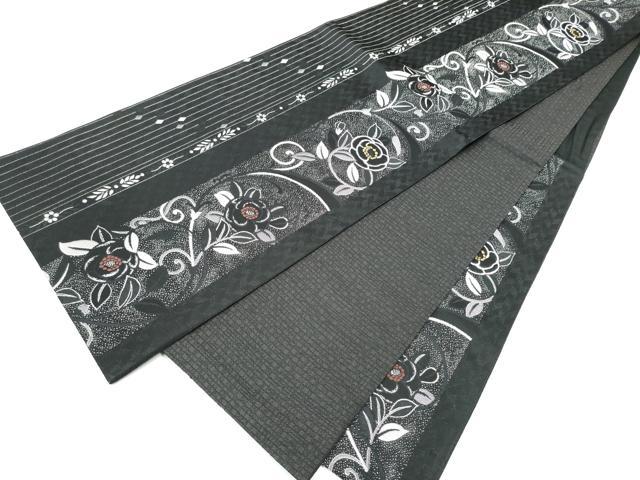 平和屋着物●両面　全通柄袋帯　花唐草文　黒地　銀通し地　正絹　逸品　CABF8618hy