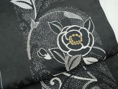 平和屋着物●両面　全通柄袋帯　花唐草文　黒地　銀通し地　正絹　逸品　CABF8618hy