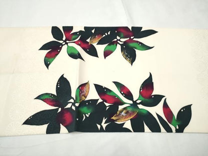 平和屋着物●太鼓柄袋帯　手描き　枝葉シルエット　金銀彩　鬼しぼ縮緬　正絹　逸品　CABF8621hy
