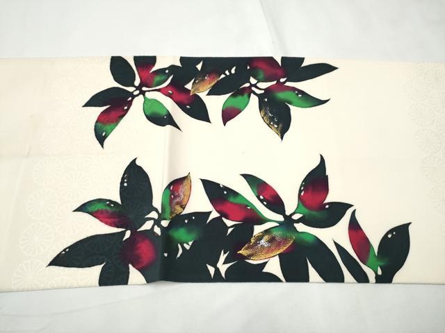 平和屋着物●太鼓柄袋帯　手描き　枝葉シルエット　金銀彩　鬼しぼ縮緬　正絹　逸品　CABF8621hy