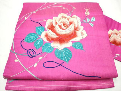 平和屋着物●アンティーク　大正ロマン　九寸名古屋帯　総手刺繍　薔薇　正絹　逸品　CABF8647hy